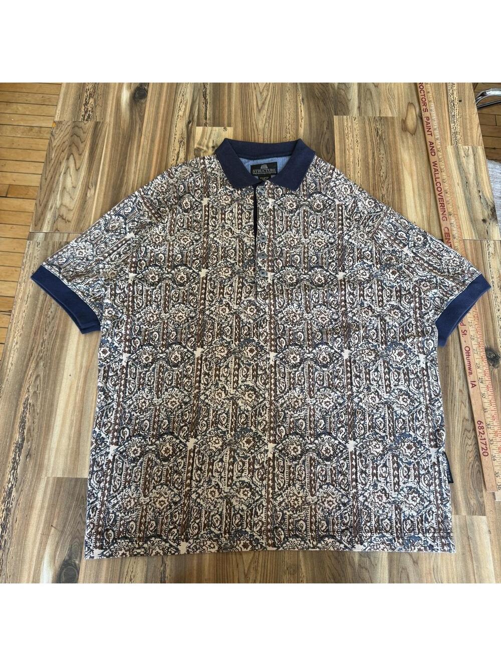 Structure brown and beige geometric pattern cotton polo shirt